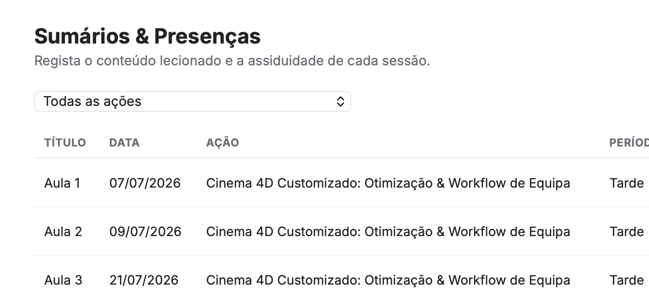 Lista de sessões com título, estado e ações